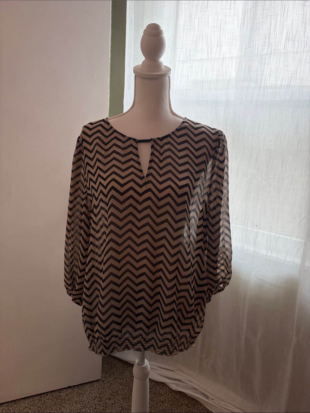 Chico's Black and Cream Chevron Keyhole Blouse
